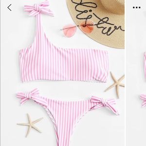 Striped one shoulder top with side thong bikini
